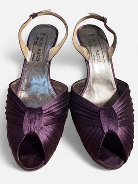 Vintage Bruno Magli Purple Satin Peep-Toe Slingback Heels with Gold Straps